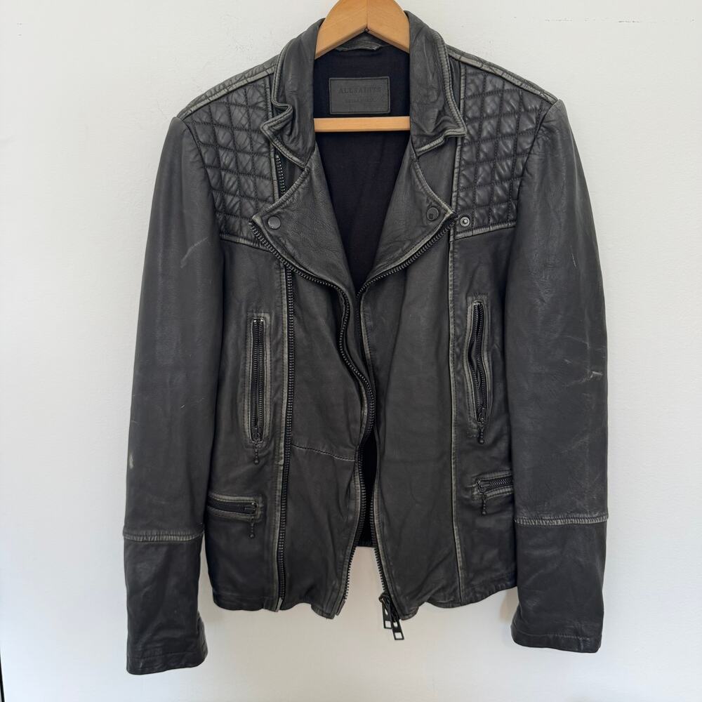 AllSaints Cargo Leather Biker Moto Jacket Black Gray Quilted Distressed XS